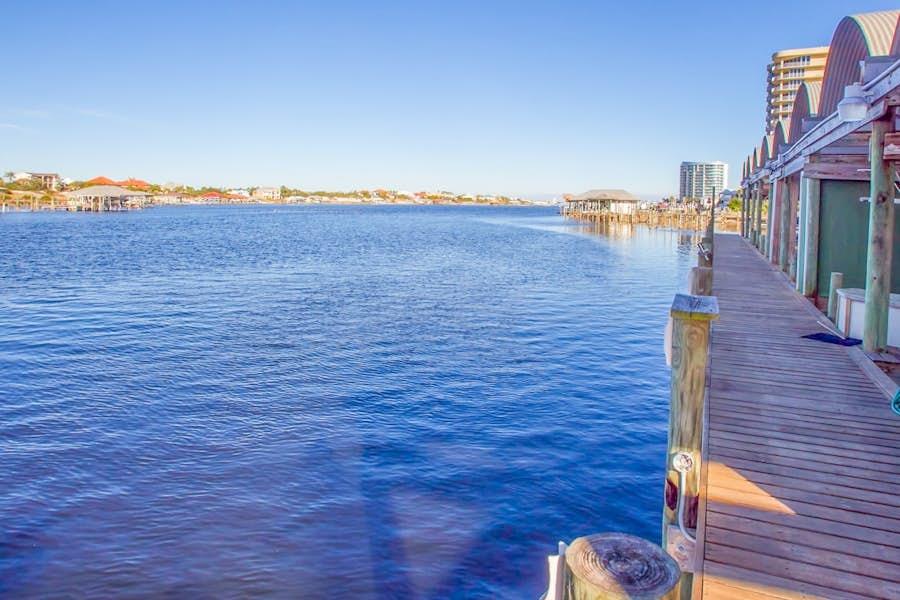The boat slips and wooden dock on Terry Cove at Jubilee Landing