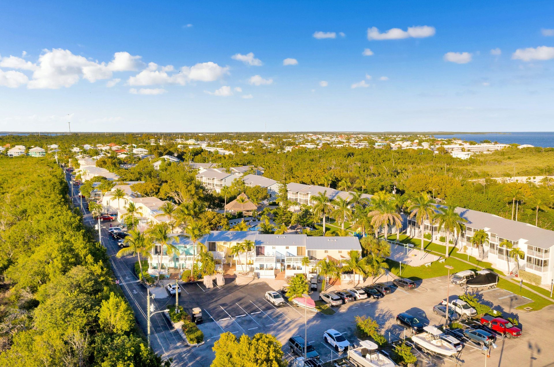 An aerial view of Key Largo condos set amid tropical landscaping.