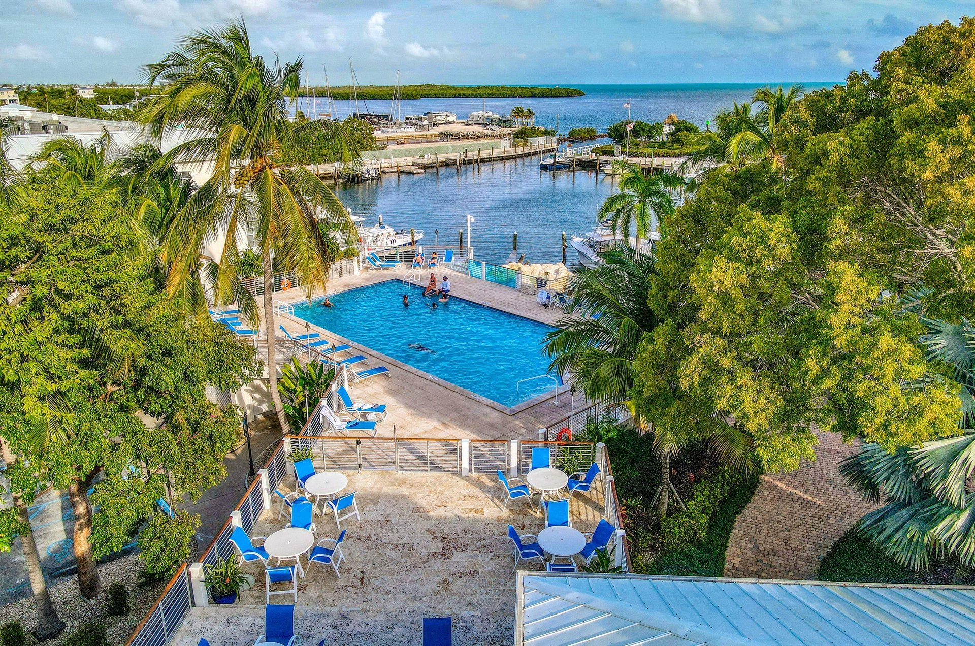 A condo communitys waterfront swimming pool.
