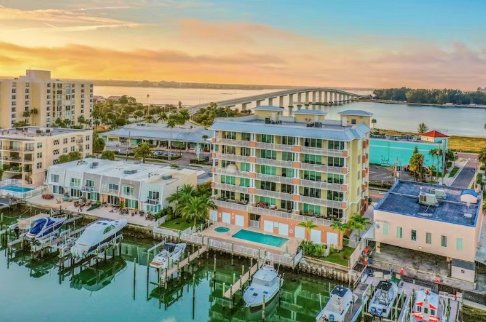 THe bridge into Clearwater Beach where many waterfront condos have boat slips.