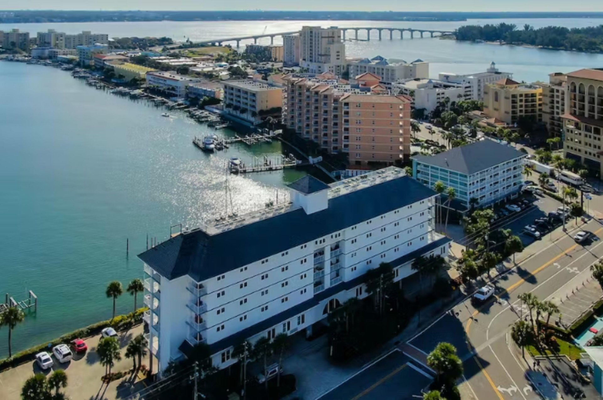 Clearwater condo complexes and homes along waterfronts.