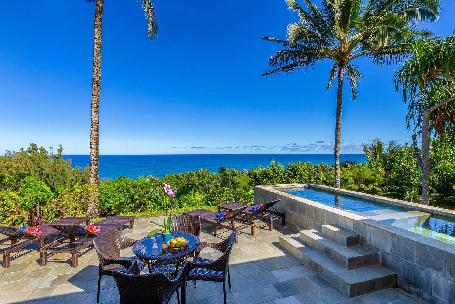 Perched on an cean bluff above the surf  a 3bedroom 4bath Kauai vacation home rental offers panoramic ocean views.