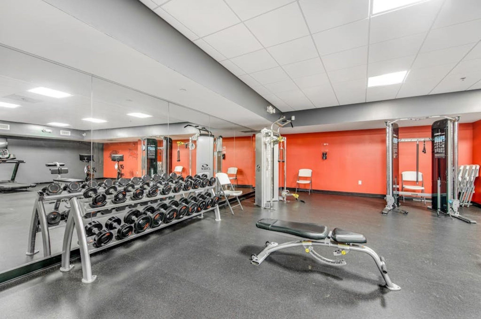 Free weights in the fitness center at Emerald Beach Resort in Orange Beach Alabama