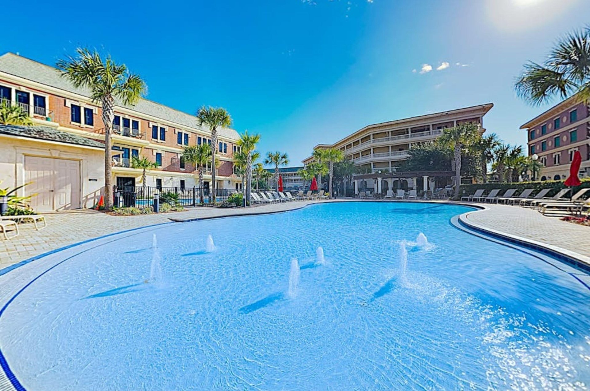 The zeroentry pool with fountains at the Village of South Walton in Rosemary Beach Florida