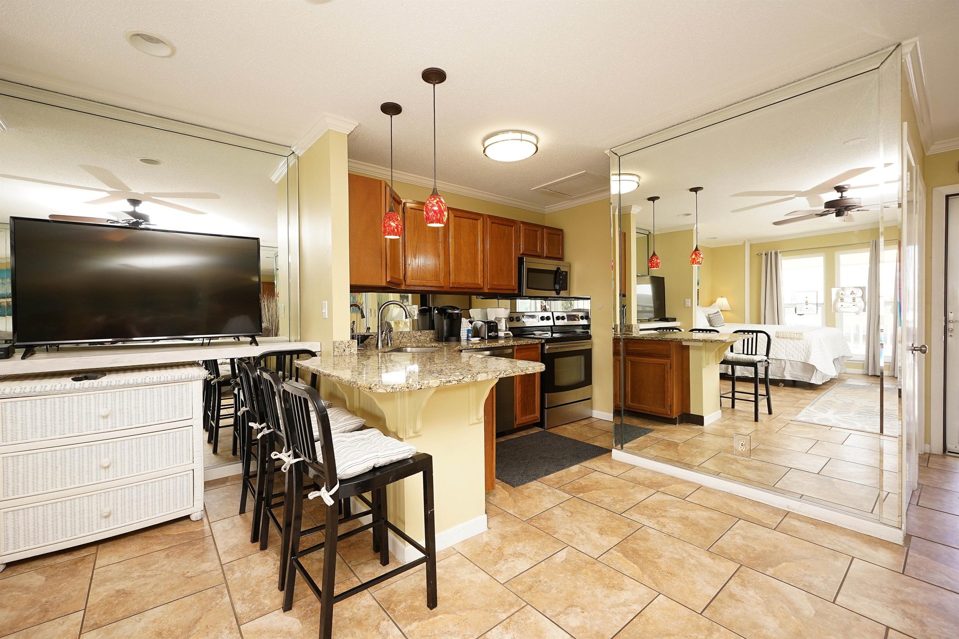 Full kitchen and dining area