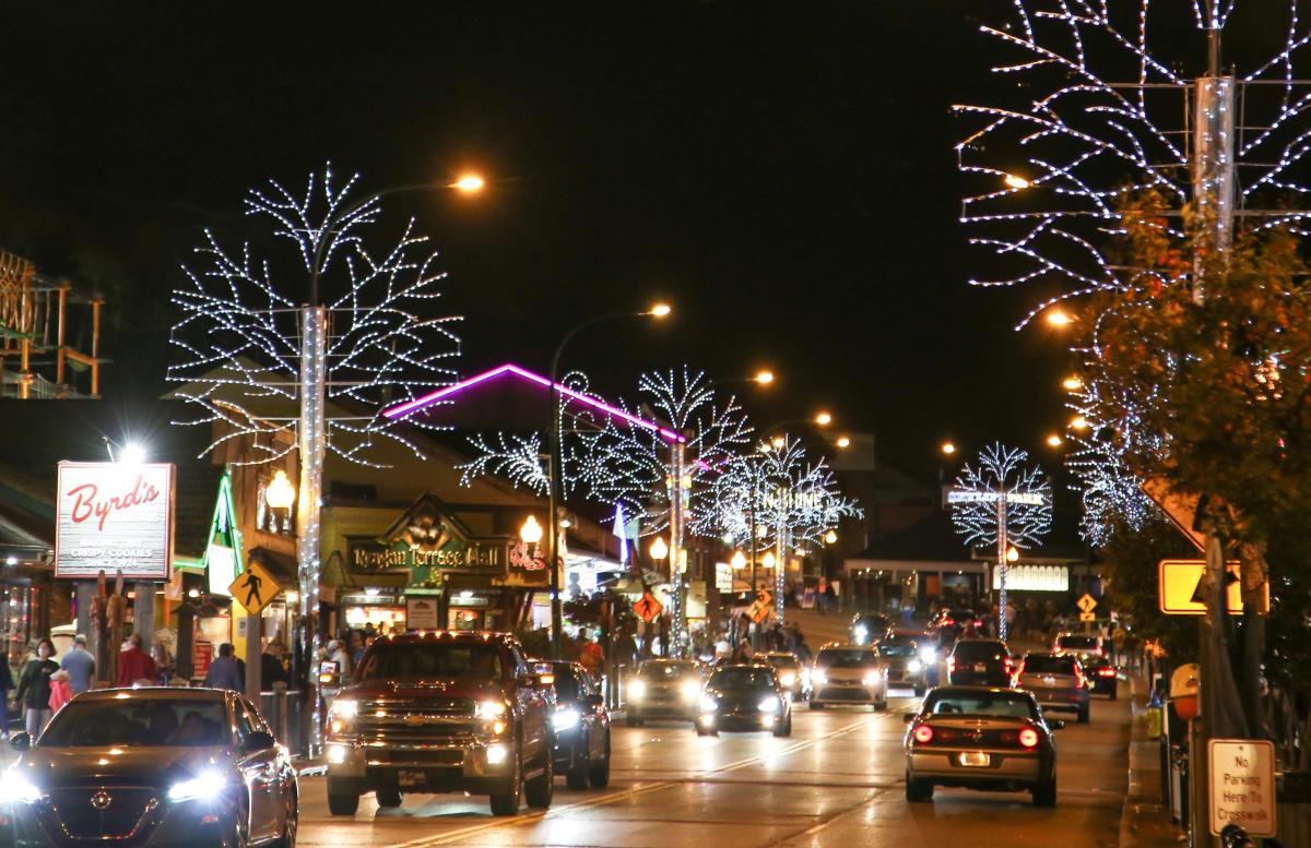 downtown gatlinburg with christmas lights