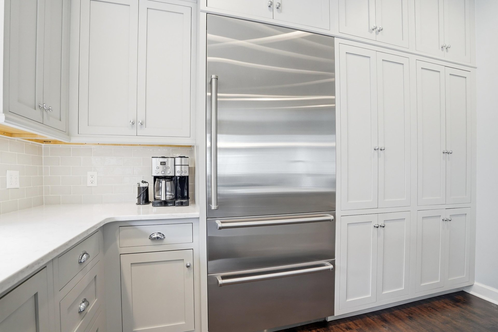 Fullsize stainless French door refrigerator — everything youd expect in a wellstocked home kitchen.