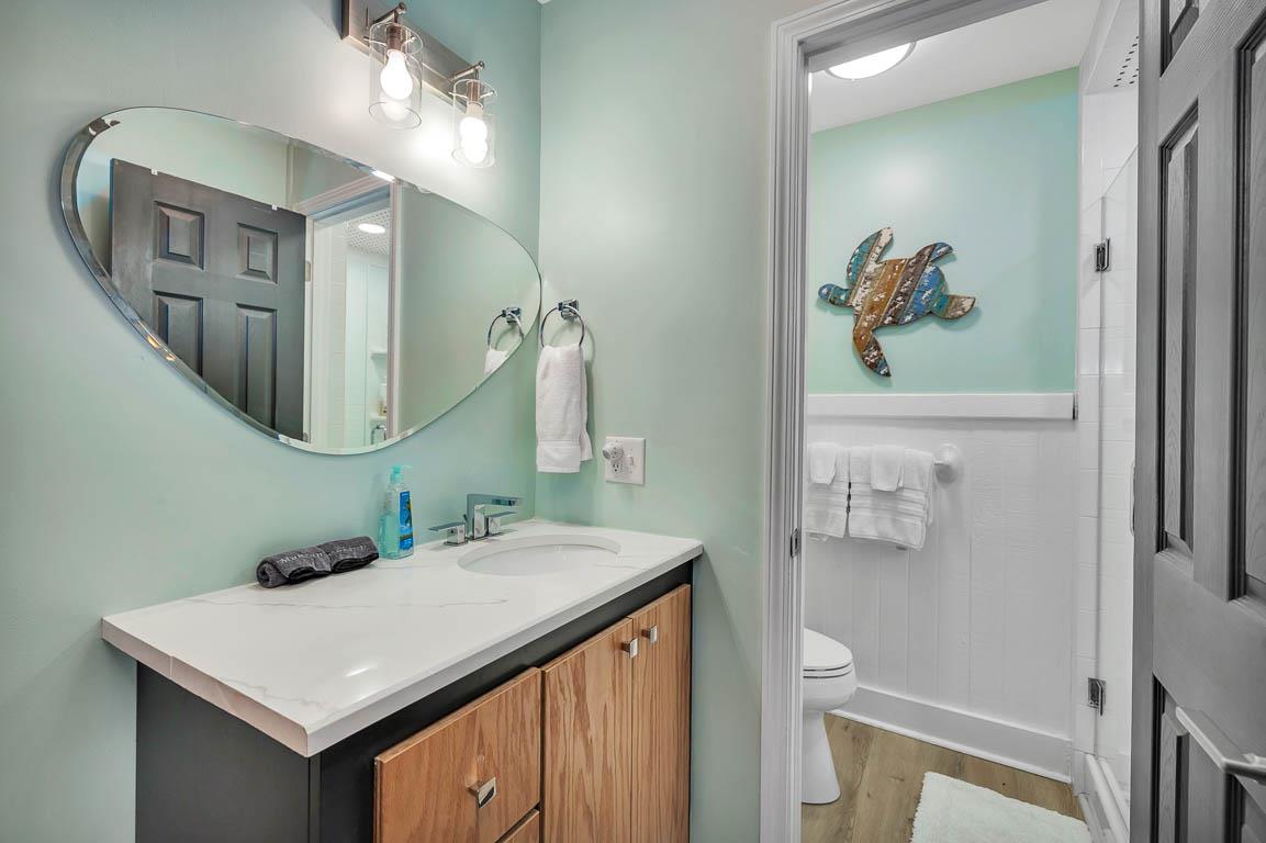Guest house bathroom at 530 Delegal showing a single vanity with sink, mirror, lighting, and an adjacent toilet and shower area.