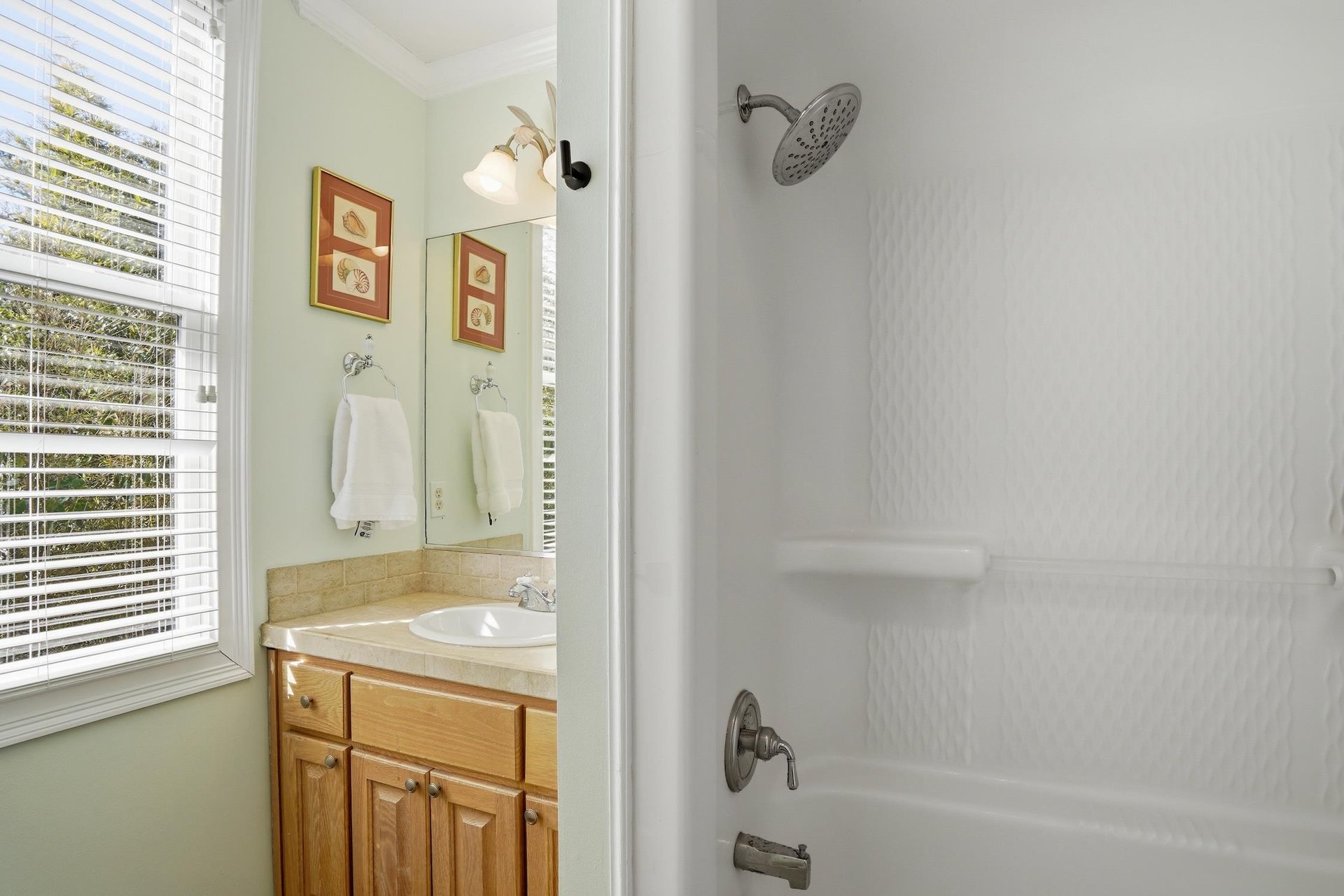 Shower view inside the ensuite bathroom for the upstairs kingandtwotwin bedroom.
