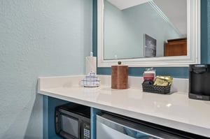 Kitchenette area with mini fridge, microwave and toaster