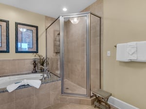 Primary bathroom with garden tub and walk in shower