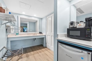 Kitchenette area with mini fridge, microwave and toaster