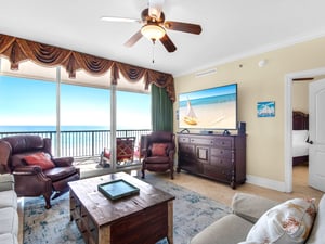 Living area with Gulf View and Large Smart TV