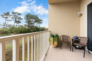 Enjoy morning coffee along the treelined preserve