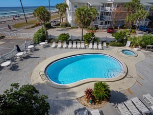 Balcony view of complex pool area