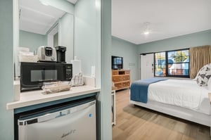 Kitchenette area with mini fridge, microwave and toaster