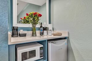 Kitchenette area with mini fridge, microwave and toaster