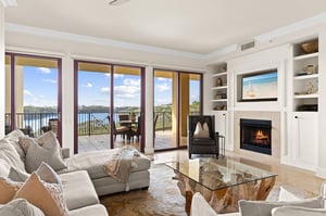 Living Area on 1st Floor with Fireplace and Private Balcony