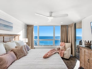 Wake up to stunning ocean views through floortoceiling windows. Your coastal bedroom sanctuary features a plush king bed and cozy reading nook.