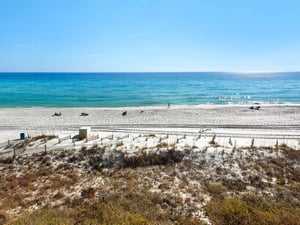 Pristine white sand beach stretches along crystalclear Gulf waters, offering the perfect coastal escape just steps from your door.