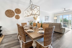 Gather around the dining table and enjoy family meals with a bright, coastalinspired atmosphere.