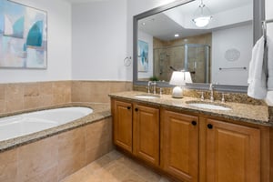 Primary bathroom with soaking tub and generous counter space.