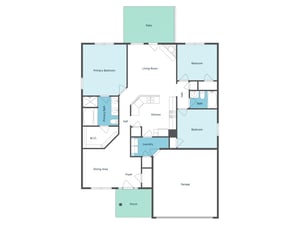 Detailed floor plan showcasing your spacious layout with three bedrooms, two baths, full kitchen, and private patio for outdoor relaxation.