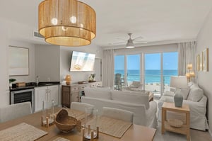 Your oceanfront condo features stunning beach views, and coastalinspired decor with natural textures and soothing neutral tones.