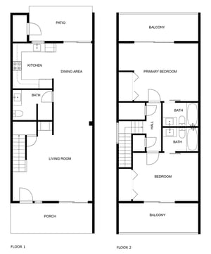 Twostory layout with spacious bedrooms, full kitchen, and private balconies for your comfort.