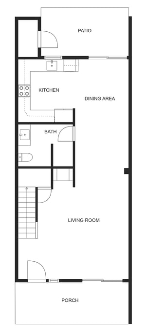 This detailed floor plan shows your vacation rentals thoughtful layout with spacious living room, full kitchen, dining area, and private patio.
