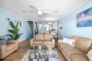 Relax in the spacious living room with an open layout.