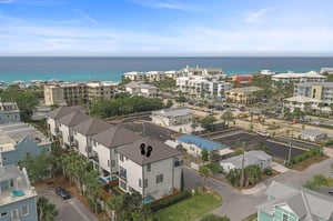 Aerial view of a coastal residential community nestled among palm trees, just steps from turquoise Gulf waters.