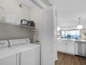 Your inunit washer and dryer make vacation life effortless, with convenient shelving for laundry essentials