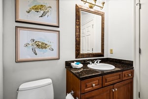 This bathroom features a granitetopped vanity, elegant fixtures, and charming sea turtle artwork.