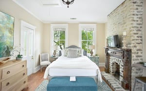 The fireplace now decorative anchors the room.