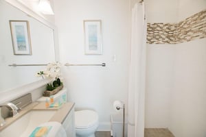 The primary bathroom offers a spacious tiled walkin shower.