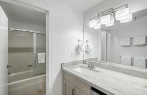 Refresh and recharge in the modern master bathroom at Lodge at Mountain Village 303 — skiinskiout at Park City Resort.