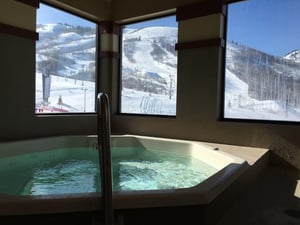 Warm up with a soak in the additional indoor onsite hot tub down the hall from Lodge at Mountain Village 303, where floortoceiling windows frame the Park City Resort slopes.
