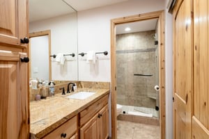 A beautifully updated full bathroom at Park Avenue 235 features a granite vanity, walkin tile shower, and warm, modern finishes.
