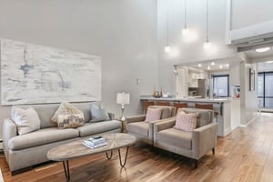 Sophisticated style meets mountain comfort at Park Avenue 296. The bright and airy living space flows seamlessly into the kitchen, creating an open and elegant atmosphere that makes this Park City vac