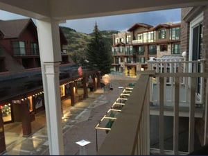 Enjoy evening village views from the private balcony at Resort Plaza 5022 — a charming and perfectly situated Park City vacation rental in the heart of the resort.