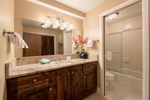 Warm wood finishes, granite countertops, and a beautifully tiled shower enclosure come together to create a refined and inviting bathroom experience. Thoughtful details like these make Resort Plaza 50