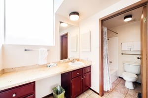 The wellappointed bathroom at Park Avenue 267 features a dual vanity with rich wood cabinetry and warm countertops, providing ample space and comfort for every guest.