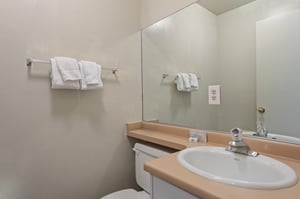 The downstairs half bathroom offers a clean, welllit vanity area stocked with fresh towels keeps mornings running smoothly for the whole group.