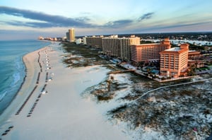 View looking down the beach of the coast and Perdido Beach Resort in Orange Beach Alabama