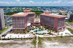 Birds eye view of Perdido Beach Resort with the outdoor pool deck and boardwalk
