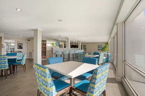 The complex bar provides colorful seating and snacks, as well as beer and wine.