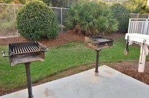 Charcoal grills stand ready for guests to use.