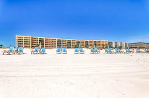 View from the Gulf of Azure and the propertys beach chairs and umbrellas