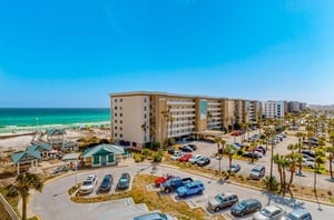 Aerial view of Azure Condominiums and the adject parking lot